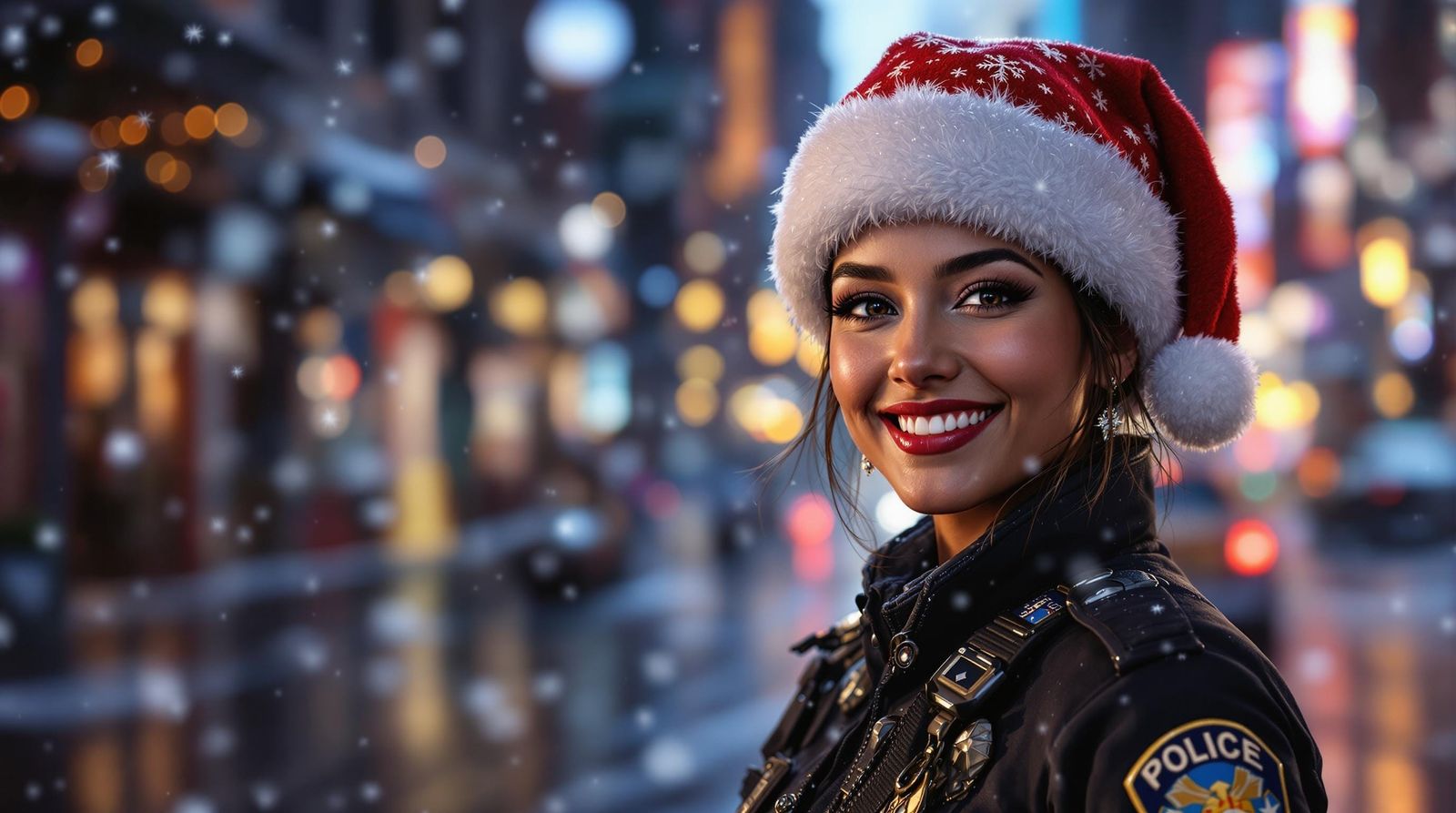 Beautiful Hispanic Police Officer in a Winter Wonderland Sce...