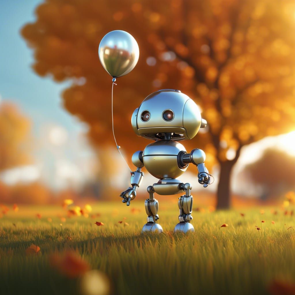 Robot with Balloon in Autumn Park, Sci-Fi Render