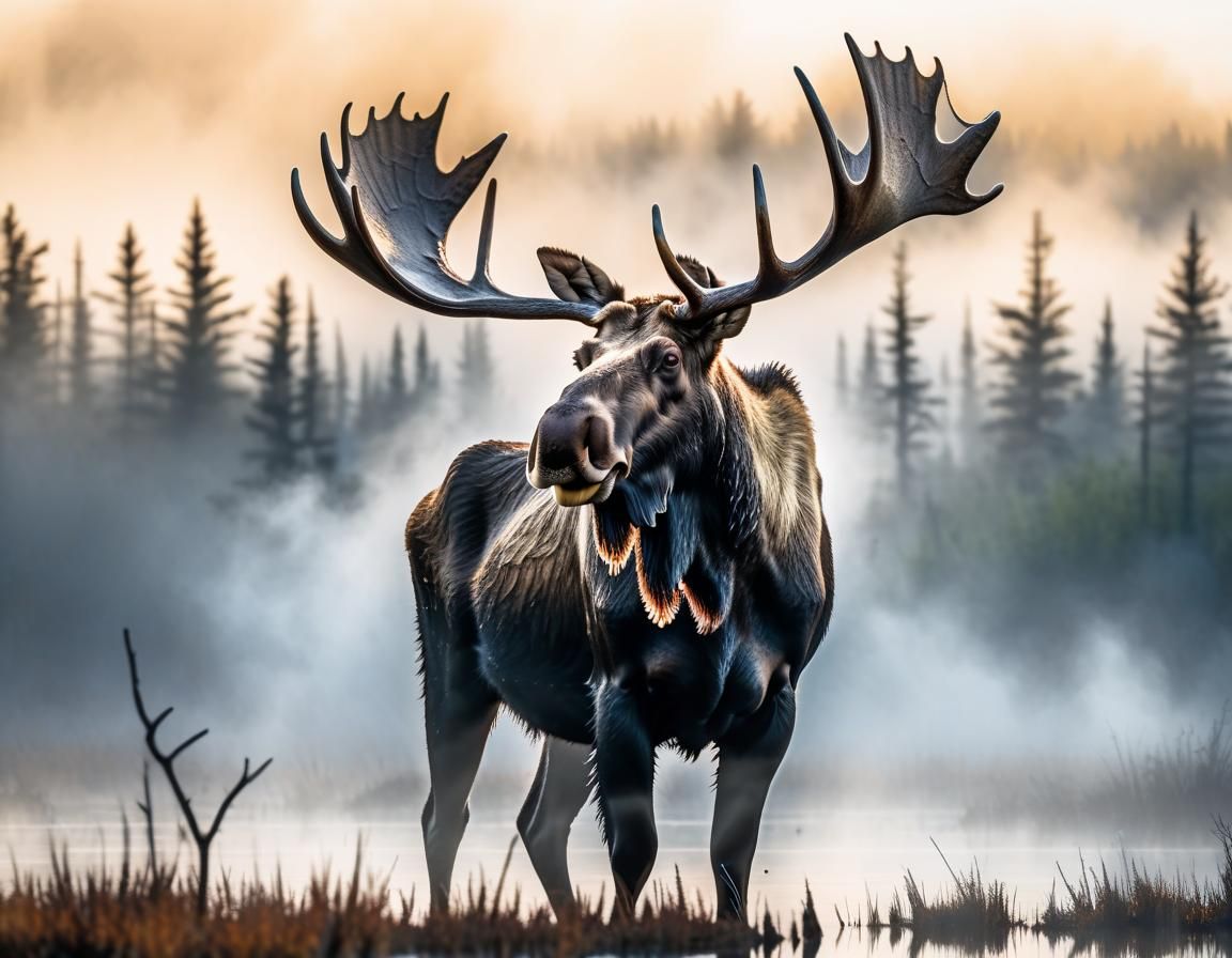 Majestic Bull Moose in Swampy Landscape