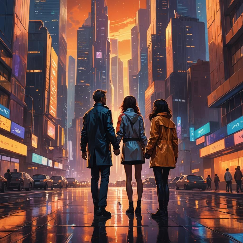 Futuristic Couple in Cityscape, Syd Mead Style