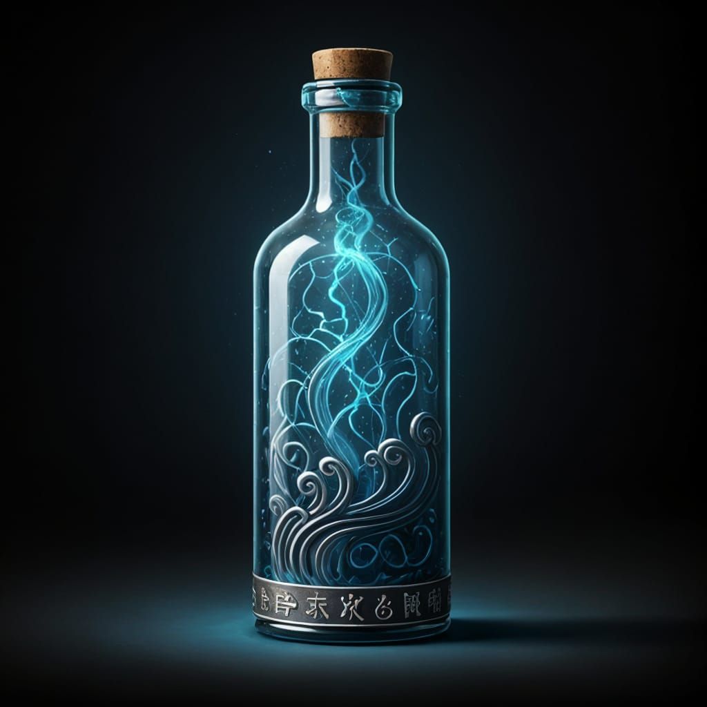 Blue Glass Bottle with Silver Runes of Storms