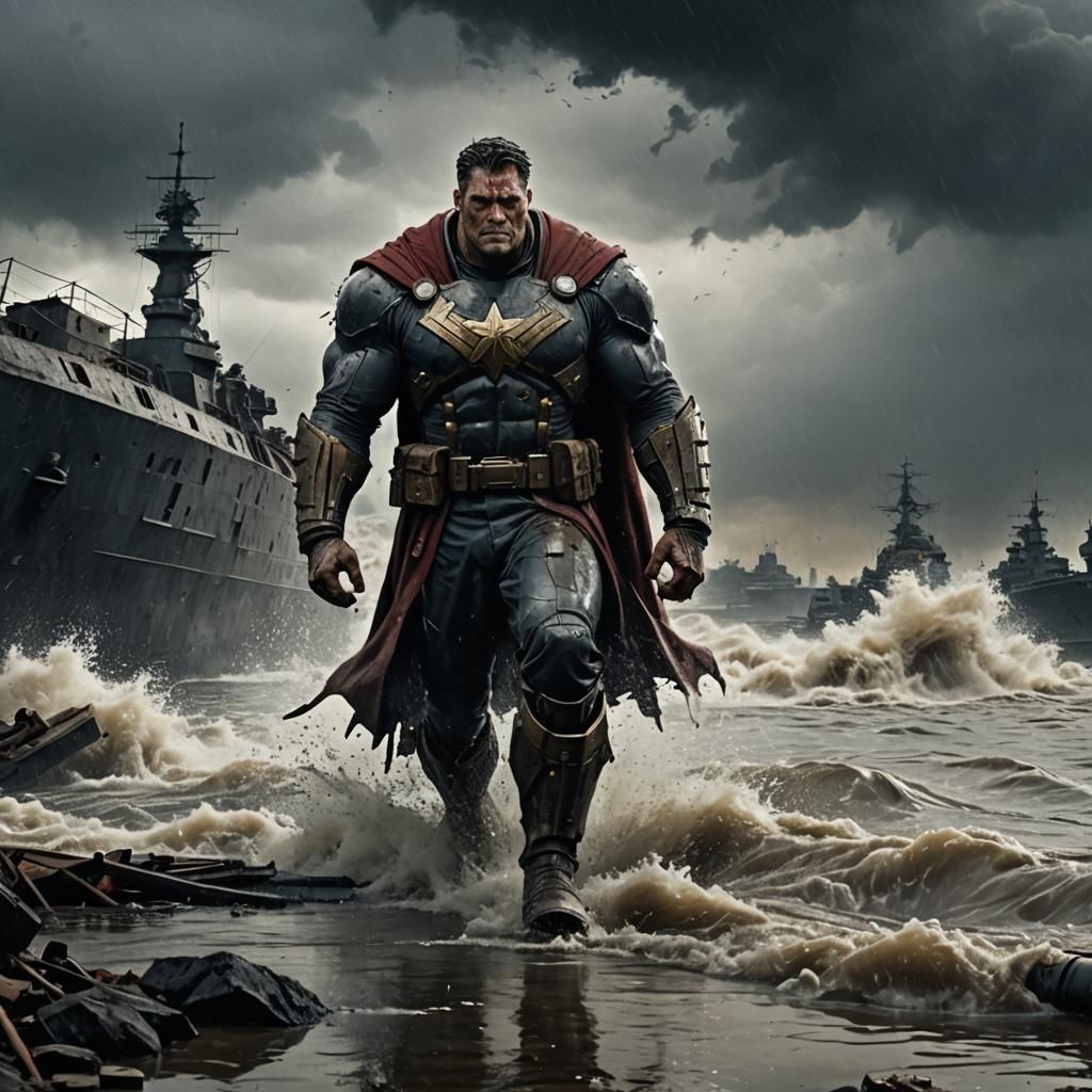 Superhero Drags Battleship in Gritty Comic Style