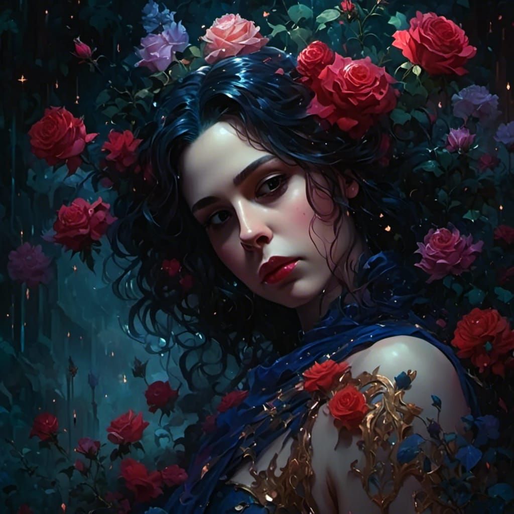 Woman Smelling Roses in Pre-Raphaelite Garden