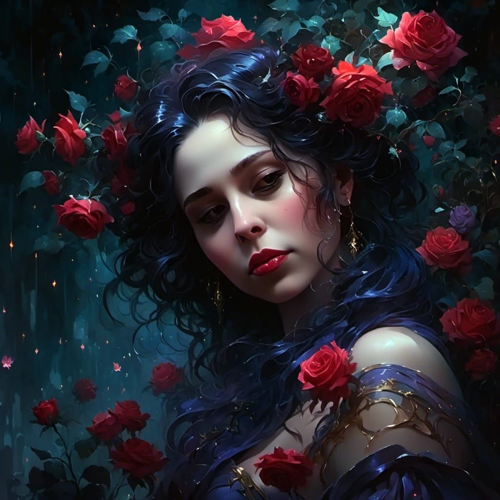 Woman Smelling Roses in Pre-Raphaelite Style