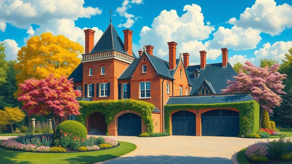 Grand Brick Chateau Amidst Vibrant Gardens and Painterly Ski...