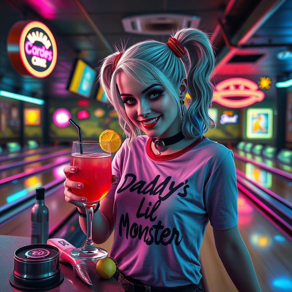 Harley Quinn Serves a Vibrant Cocktail in Retro-Futuristic B...