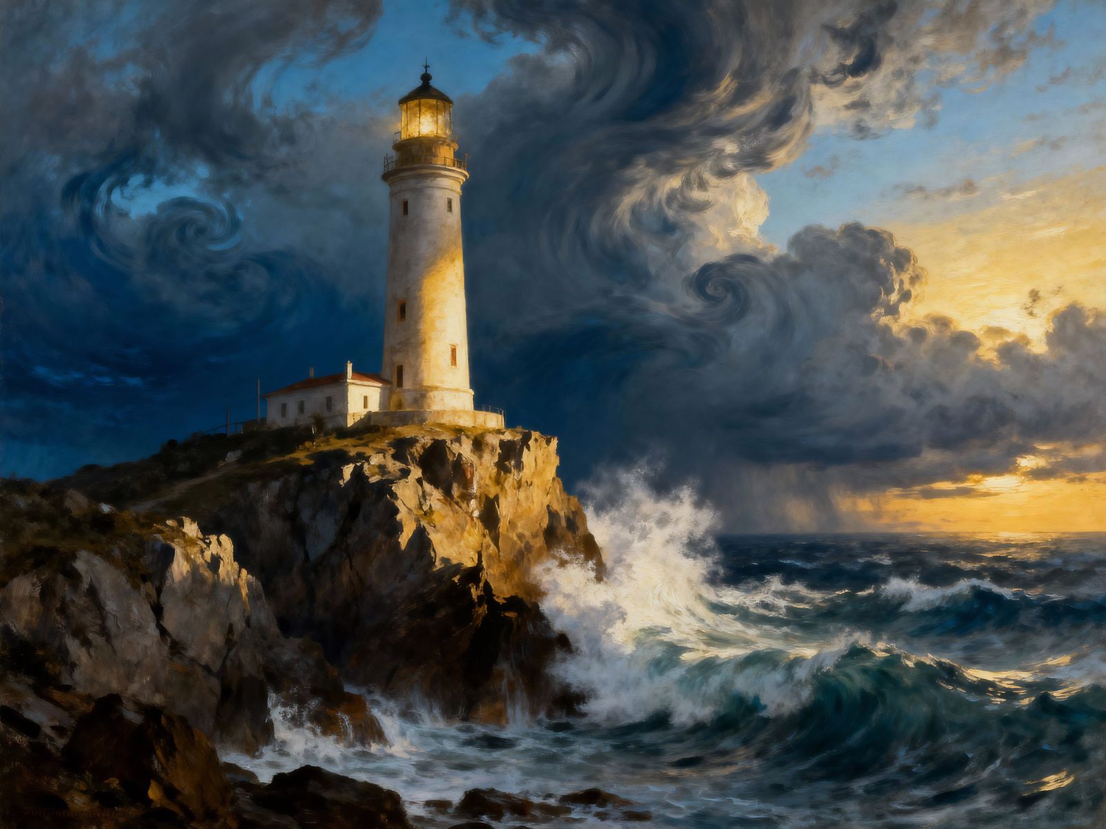 Lighthouse Braving Storm on Cliff, Oil Painting Style
