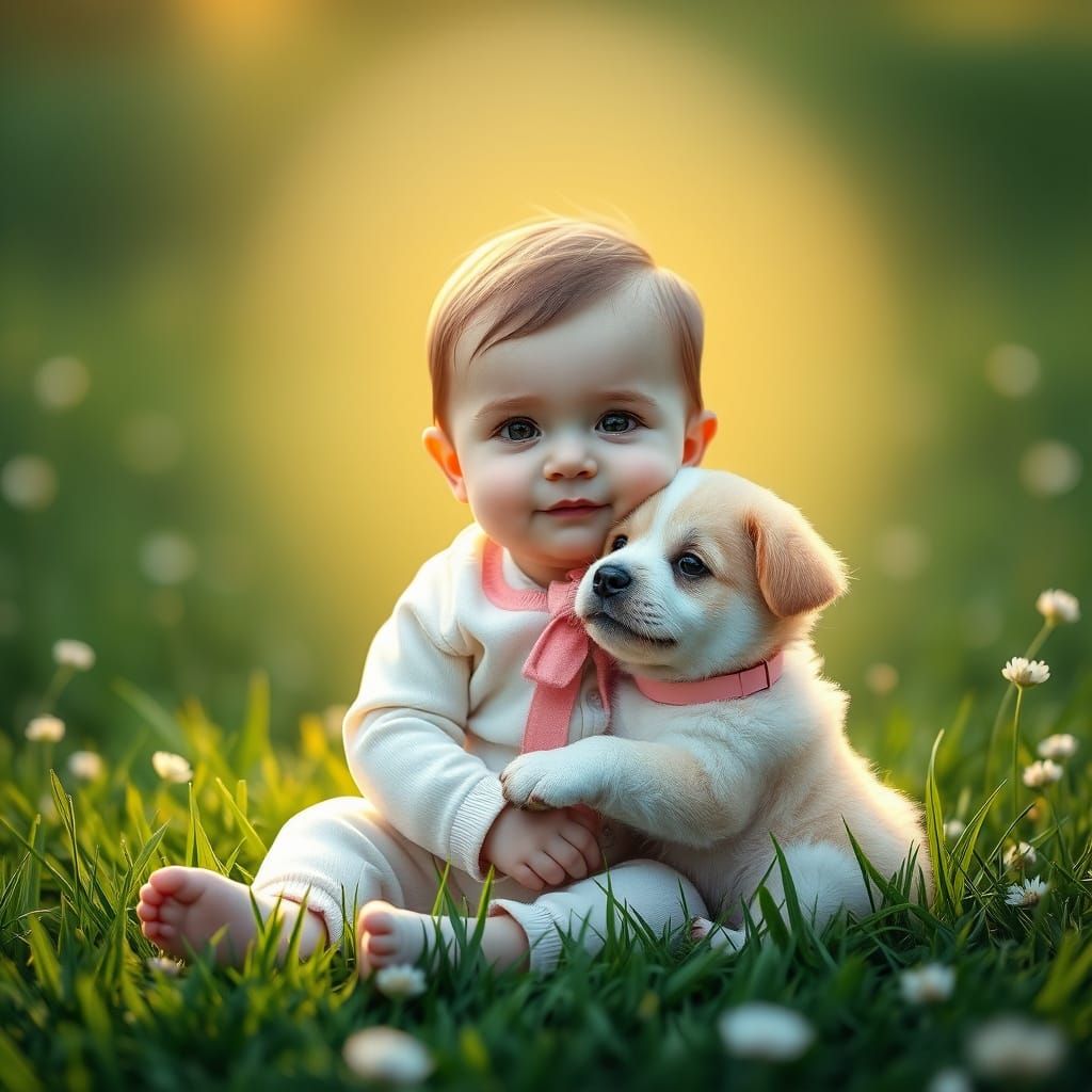 Whimsical Baby and Puppy in Emerald Meadow