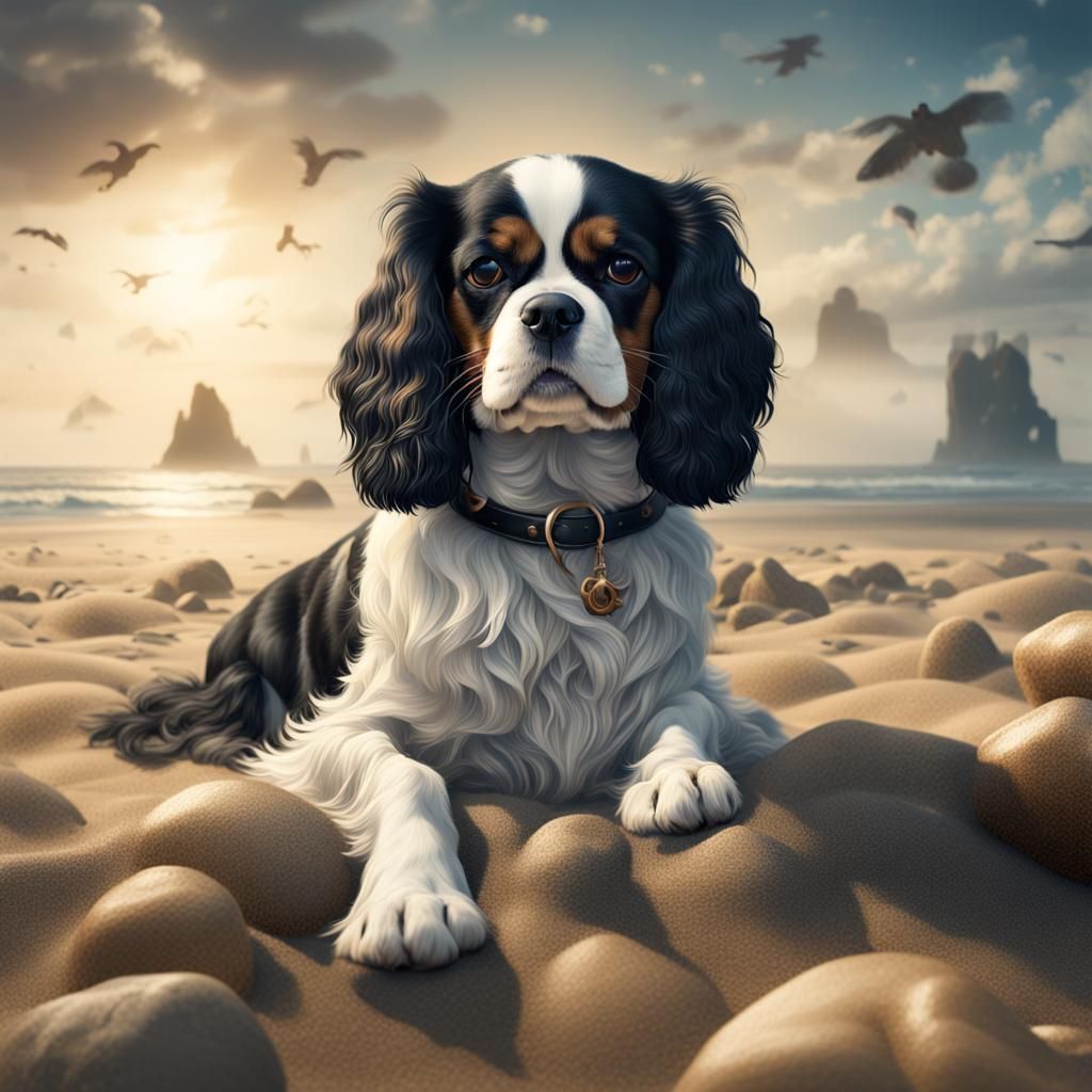 King Charles Spaniel Beach Scene: Detailed Matte Painting