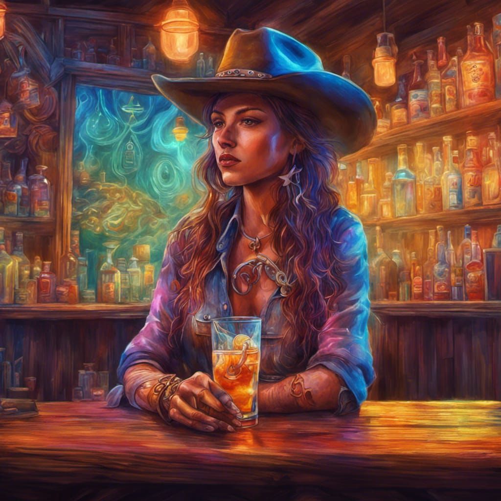 Cosmic Cowgirl in Saloon: Holographic Illustration