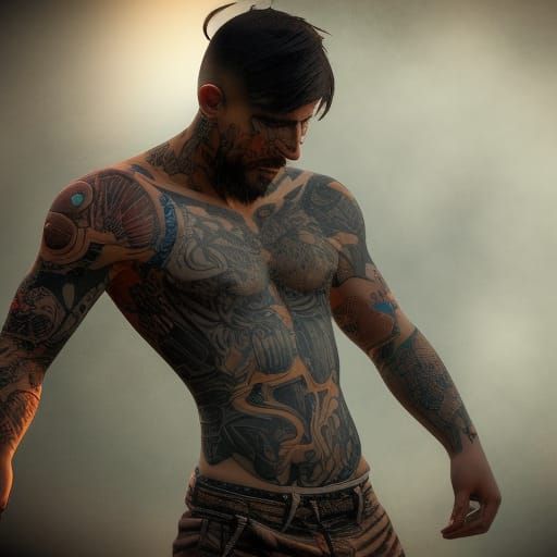 Circuit Tattooed Warrior in Dark Fantasy Style