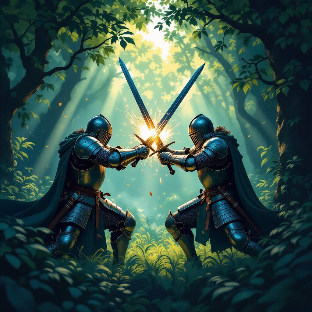 Medieval Knights Clash in Forest, Fantasy Art