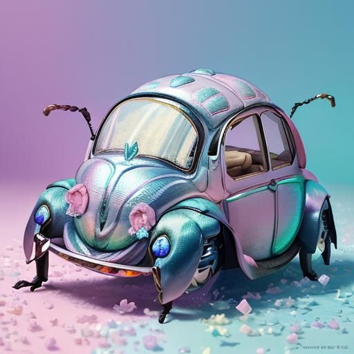 Pastel Crystal Beetle on Branch in Cyberpunk Style