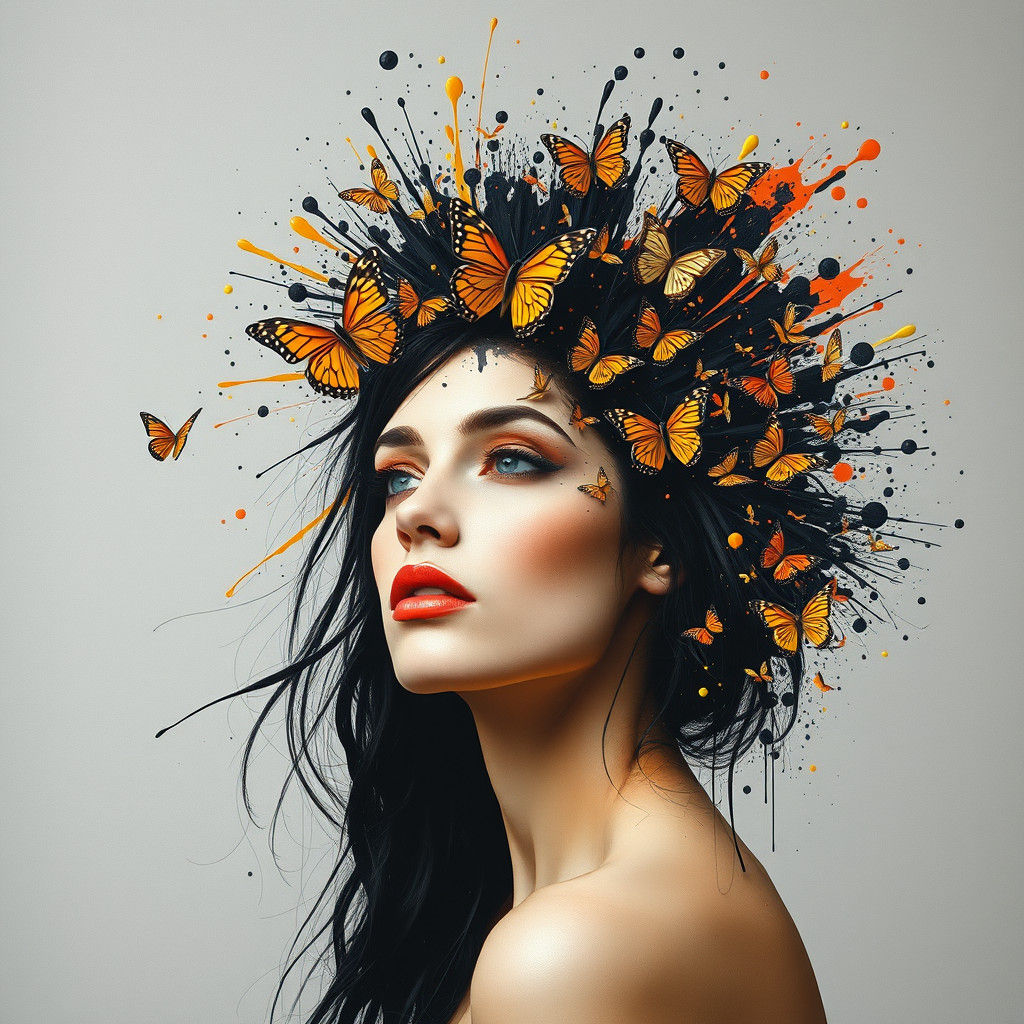 Surreal Woman with Paint Splatter Hair and Butterflies