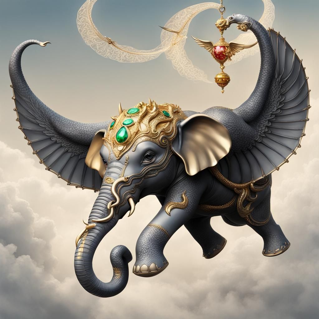 Gems and Gold: A Dragon-Winged Elephant