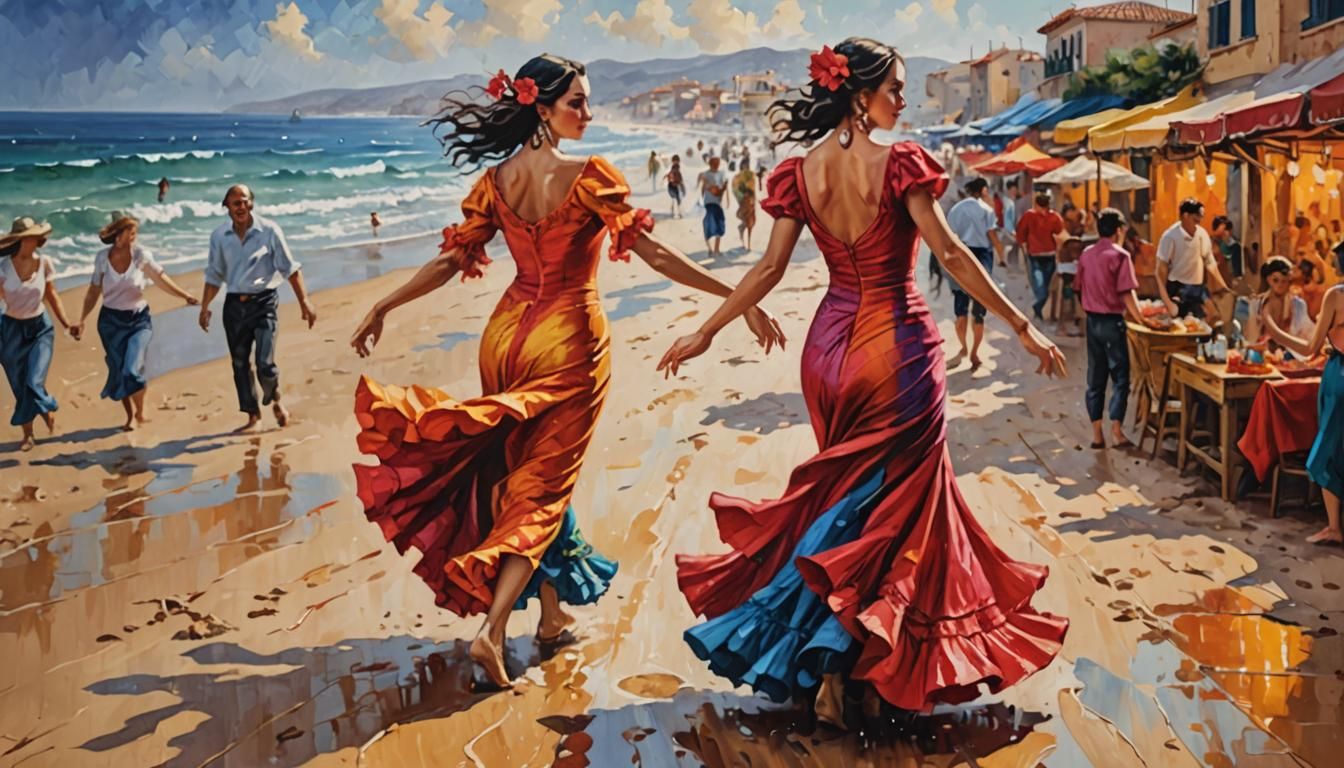 Flamenco Dancer Transitions from Beach to Marketplace