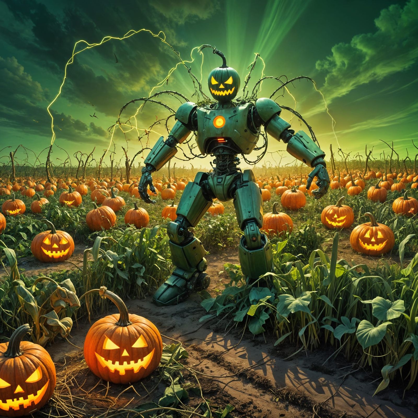 Robotic Pumpkins Wrestle in Glowing Cornfield, Surreal Spect...