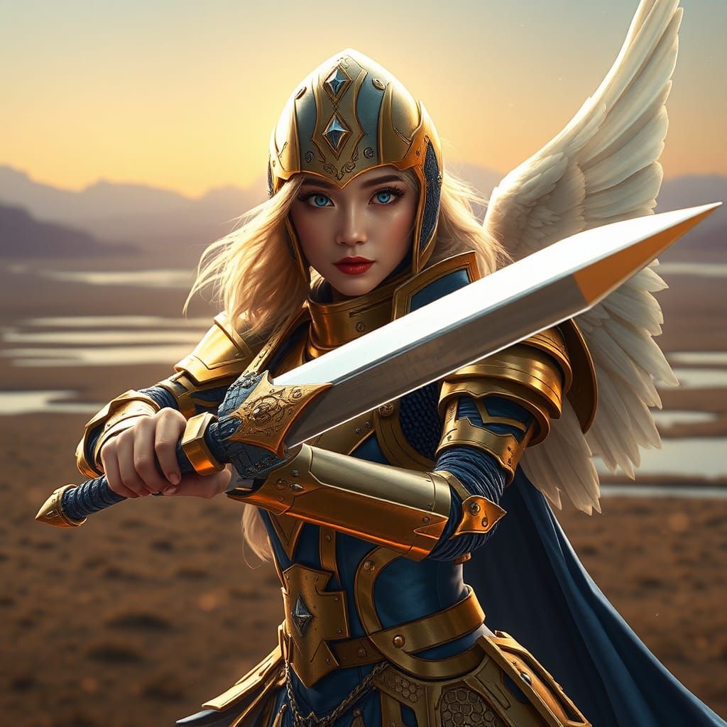 Angelic Asian Knight with Shining Sword in Sci-Fi Twilight
