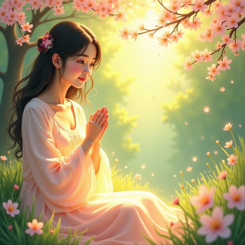 Ethereal Woman in Tranquil Garden: Dreamlike Japanese Art