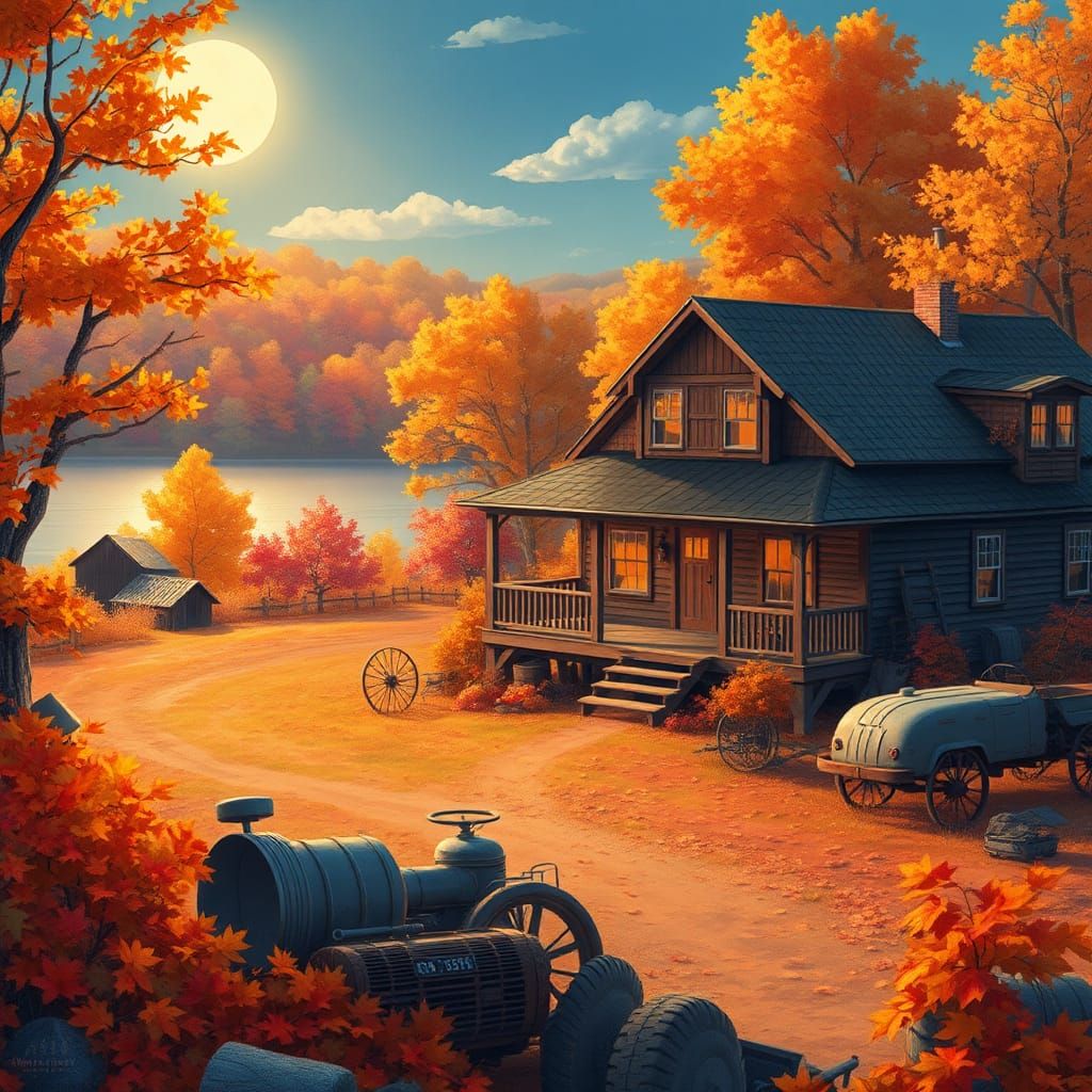 Tranquil Autumn Landscape in Whimsical Digital Painting Styl...