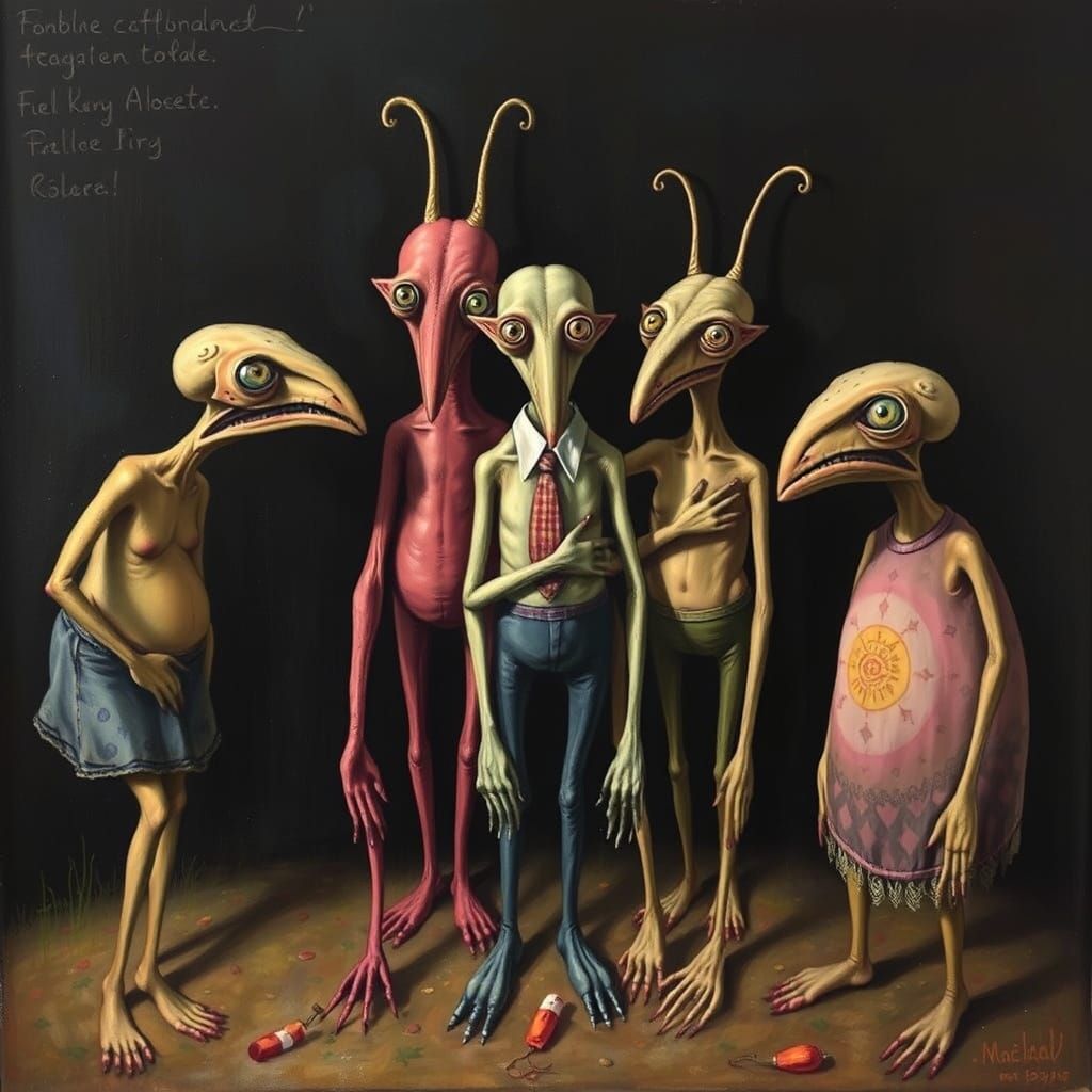 Mysterious Gathering of Whimsical Creatures in a Dark Folk-A...