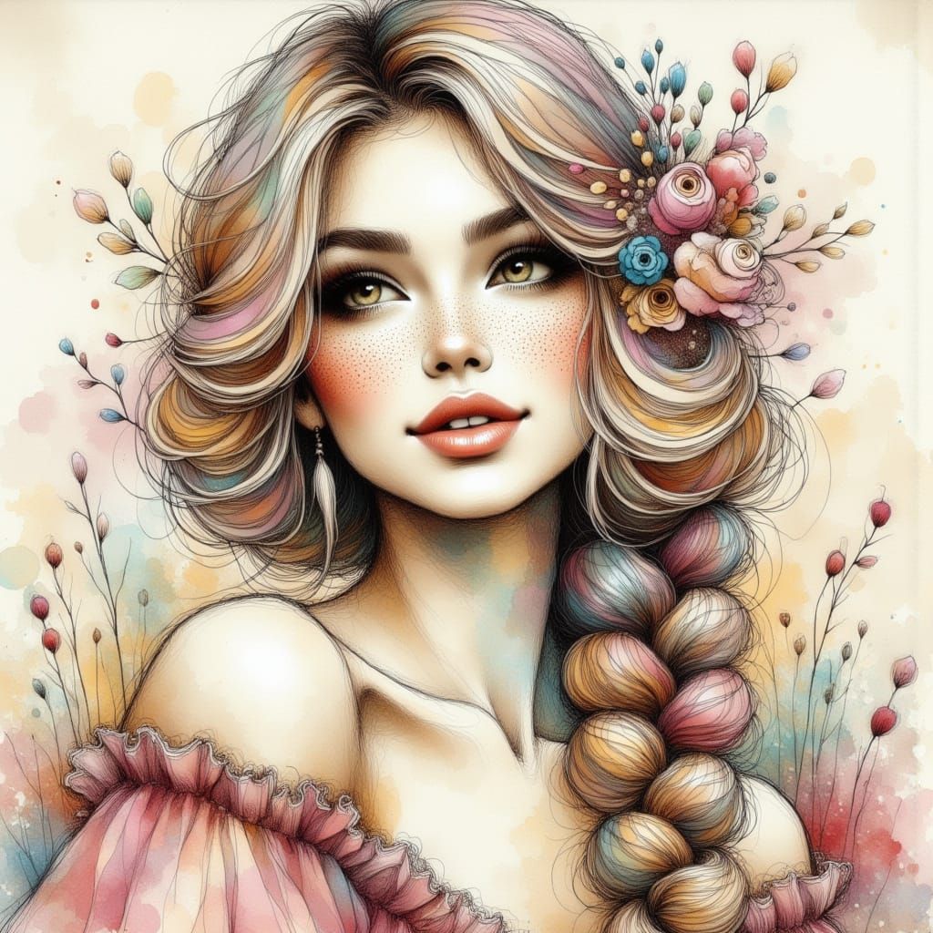 Pretty Woman Portrait in Watercolor and Pencil Sketch Style