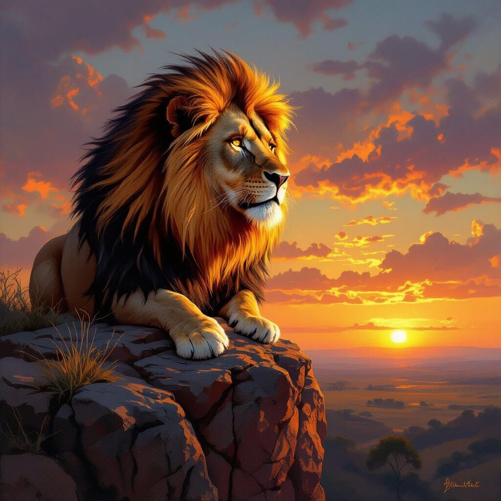 Lion with Fiery Mane Overlooking Savanna, in Oil Painting St...