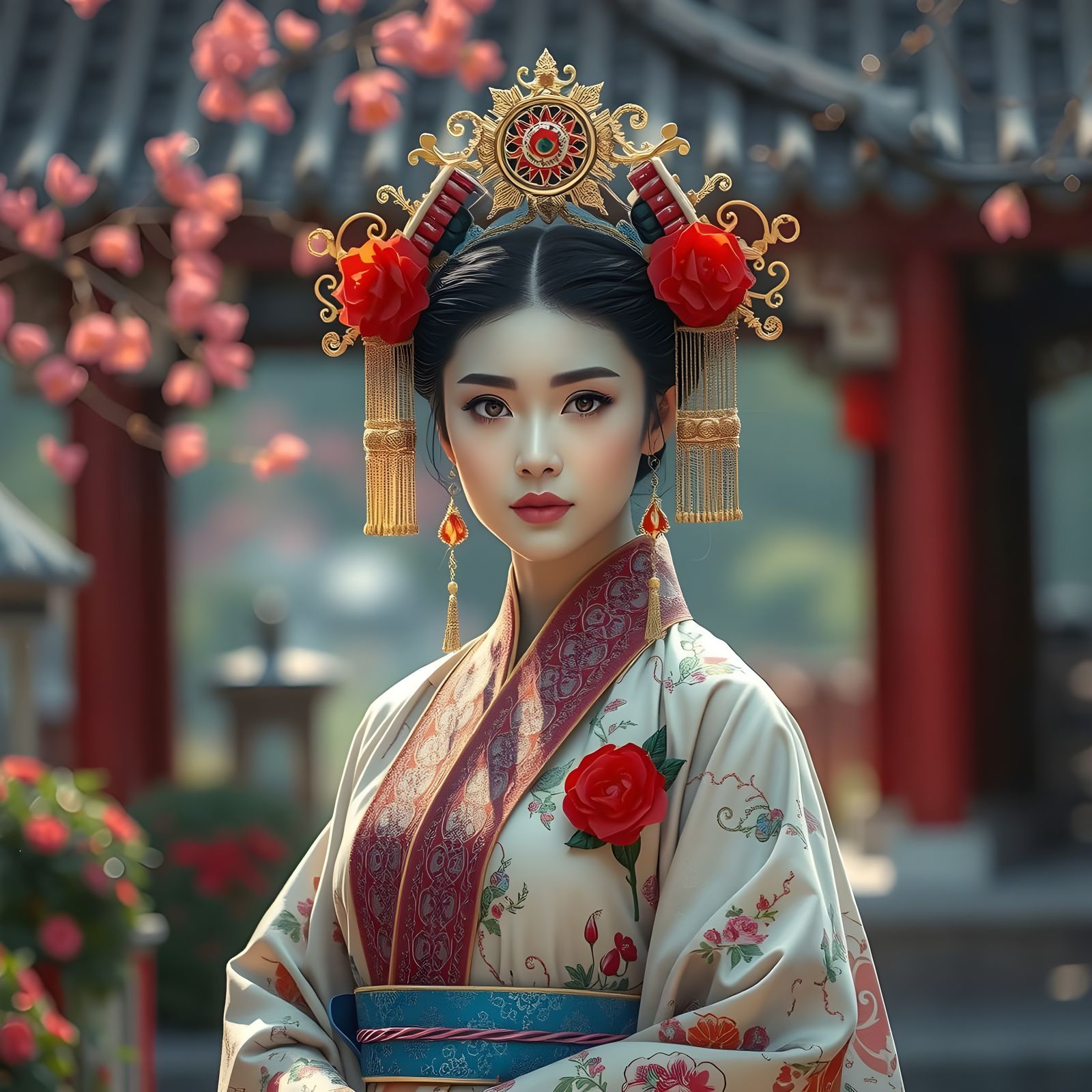 Chinese Princess in Lavish Kimono Stands Alone in Royal Gard...