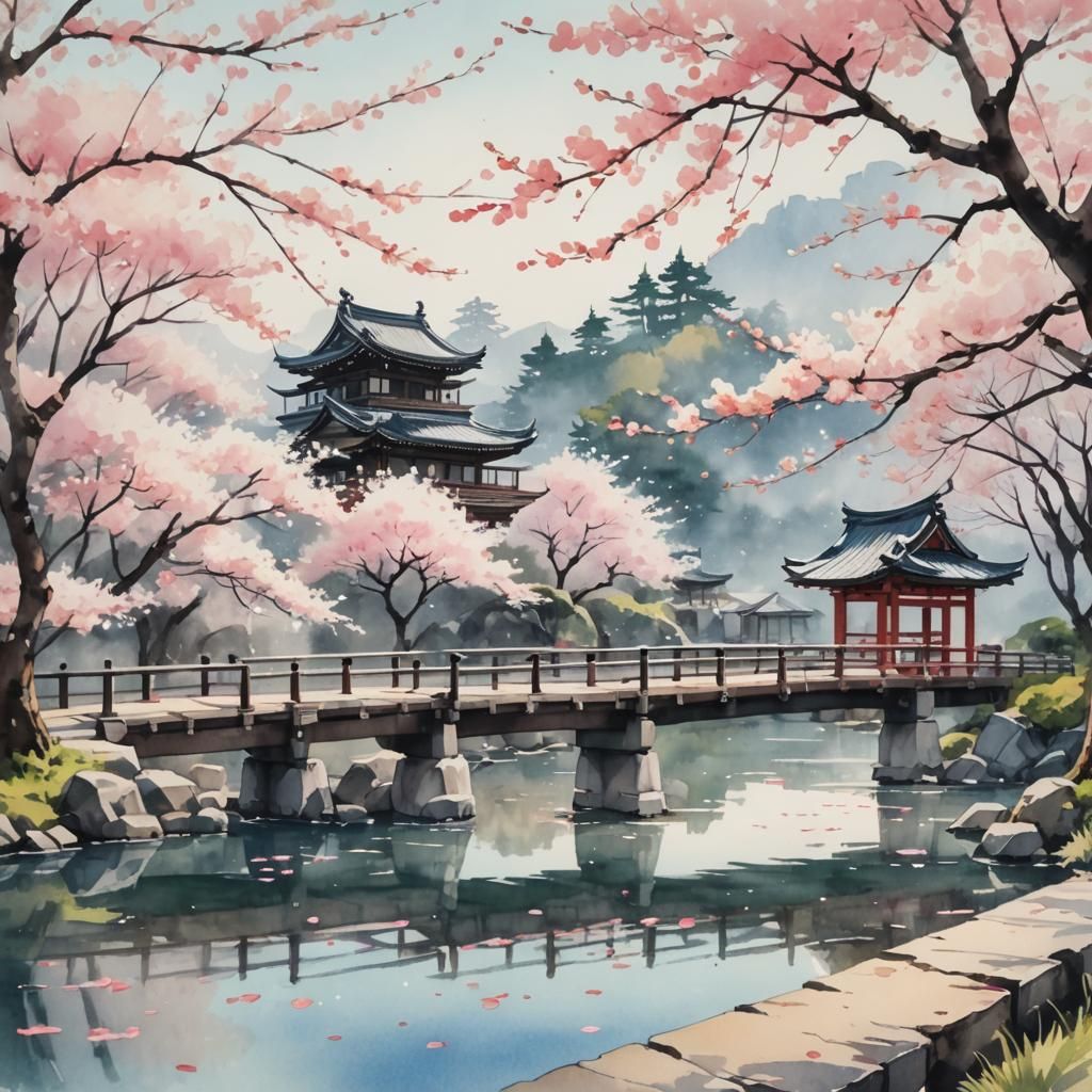 Serene Cherry Blossom Branch, Japanese Watercolor Style