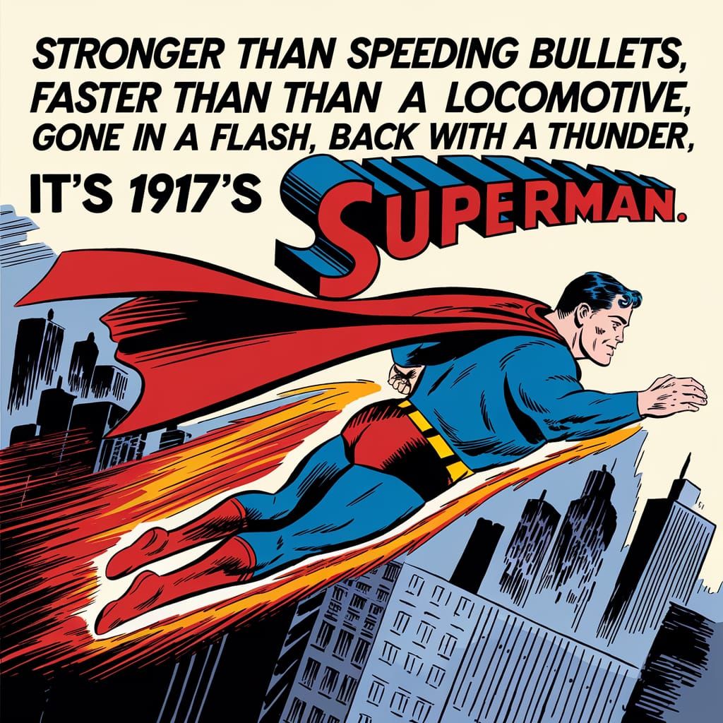 Vintage Comic Book Style Superman Soars Through a Cityscape