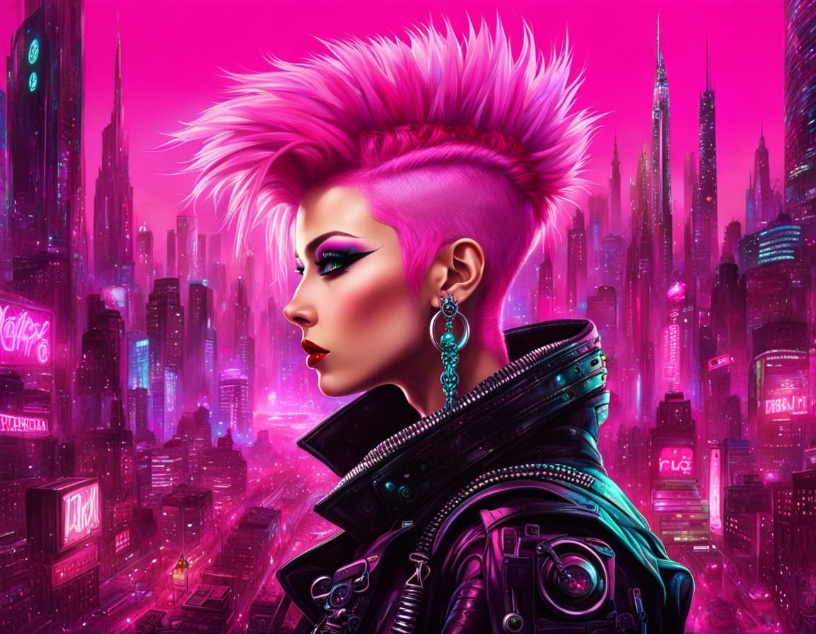 Cyberpunk Princess with Pink Mohawk in Dystopian City