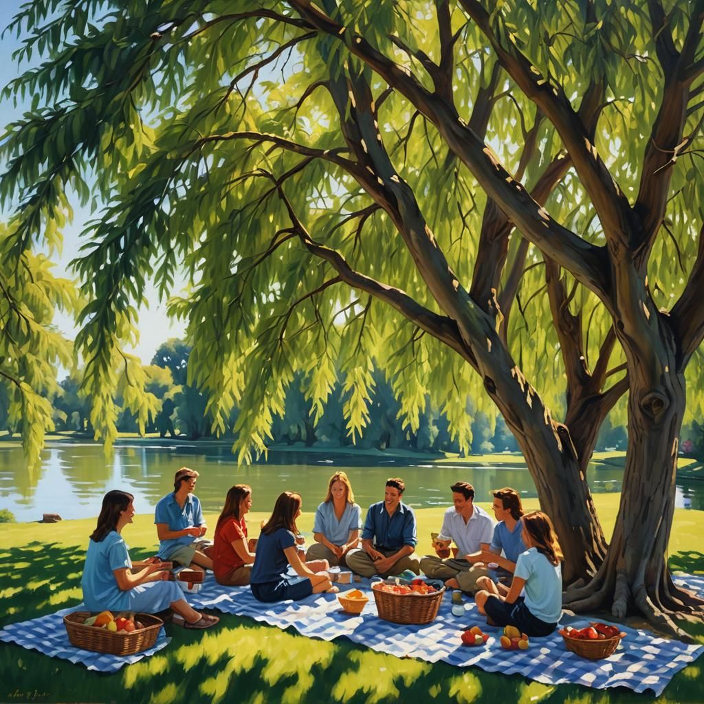 Friends' Picnic Under Willow Tree, Impressionist Oil Paintin...