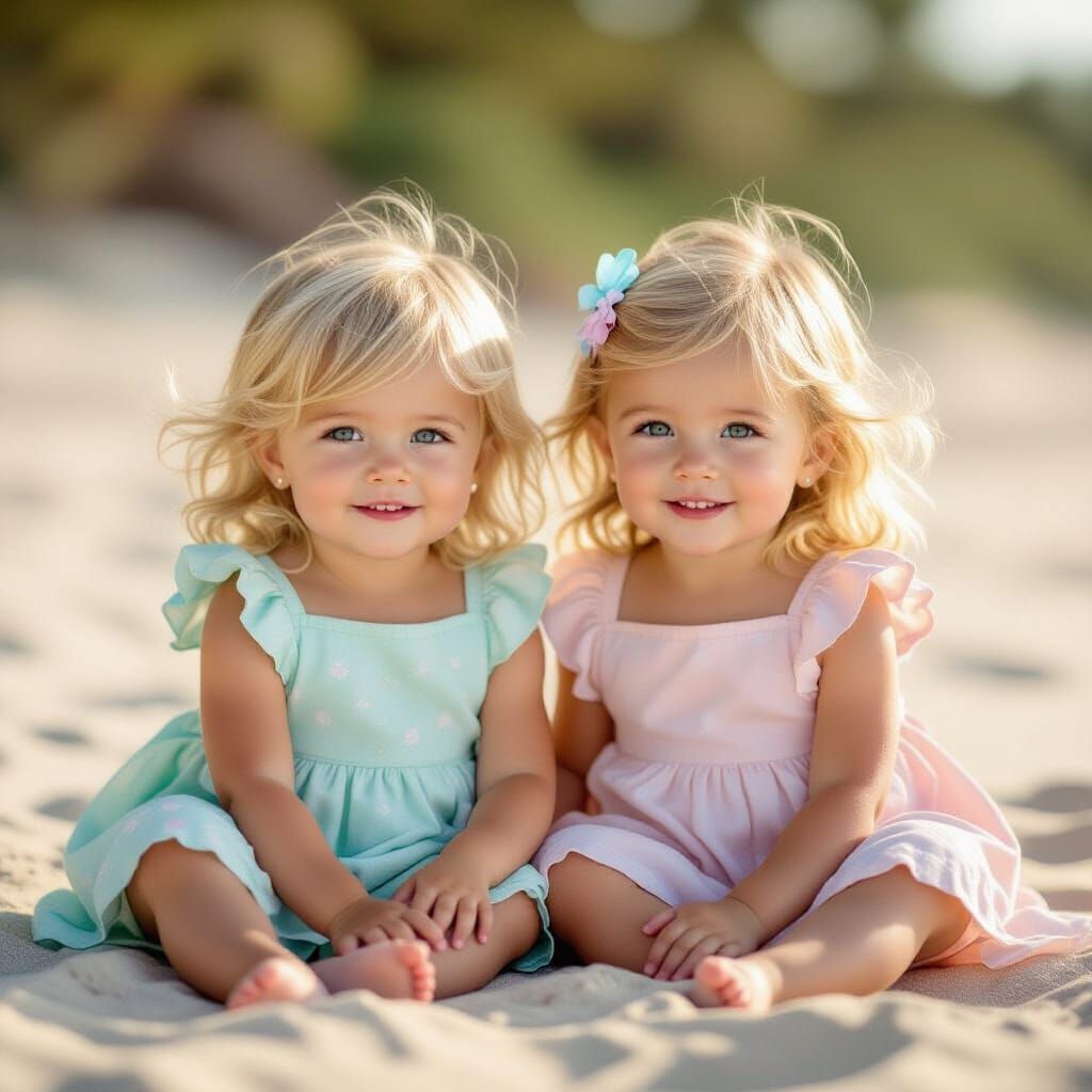 Blonde Twin Girls on Beach in Professional Photography Style