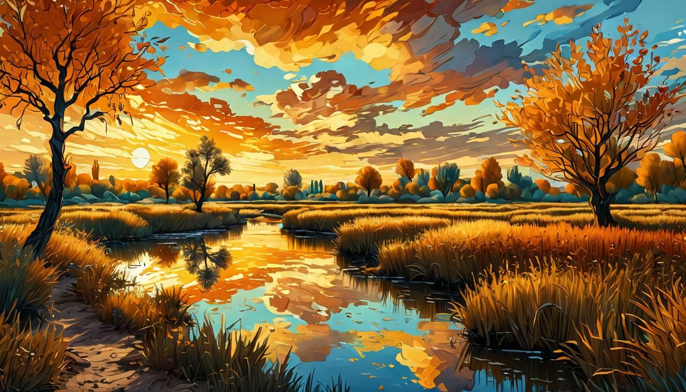 Sunset Creek in Van Gogh Style with Golden Sky