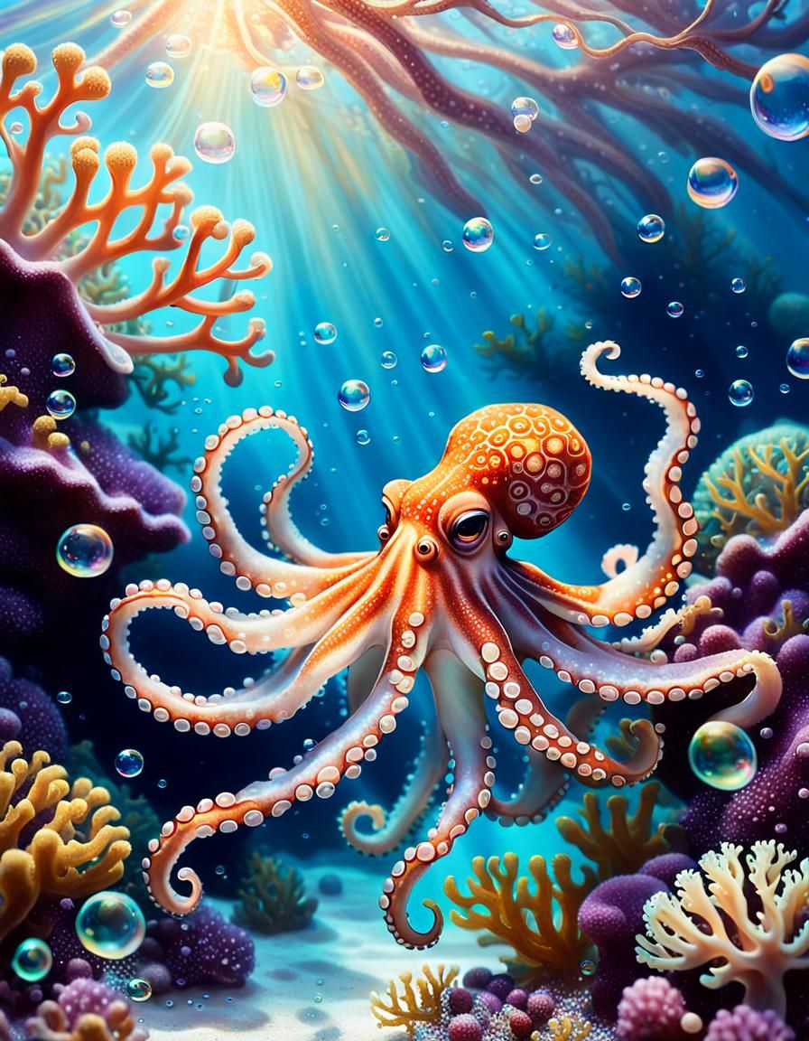 Dreamlike Octopus Plays Among Glowing Corals