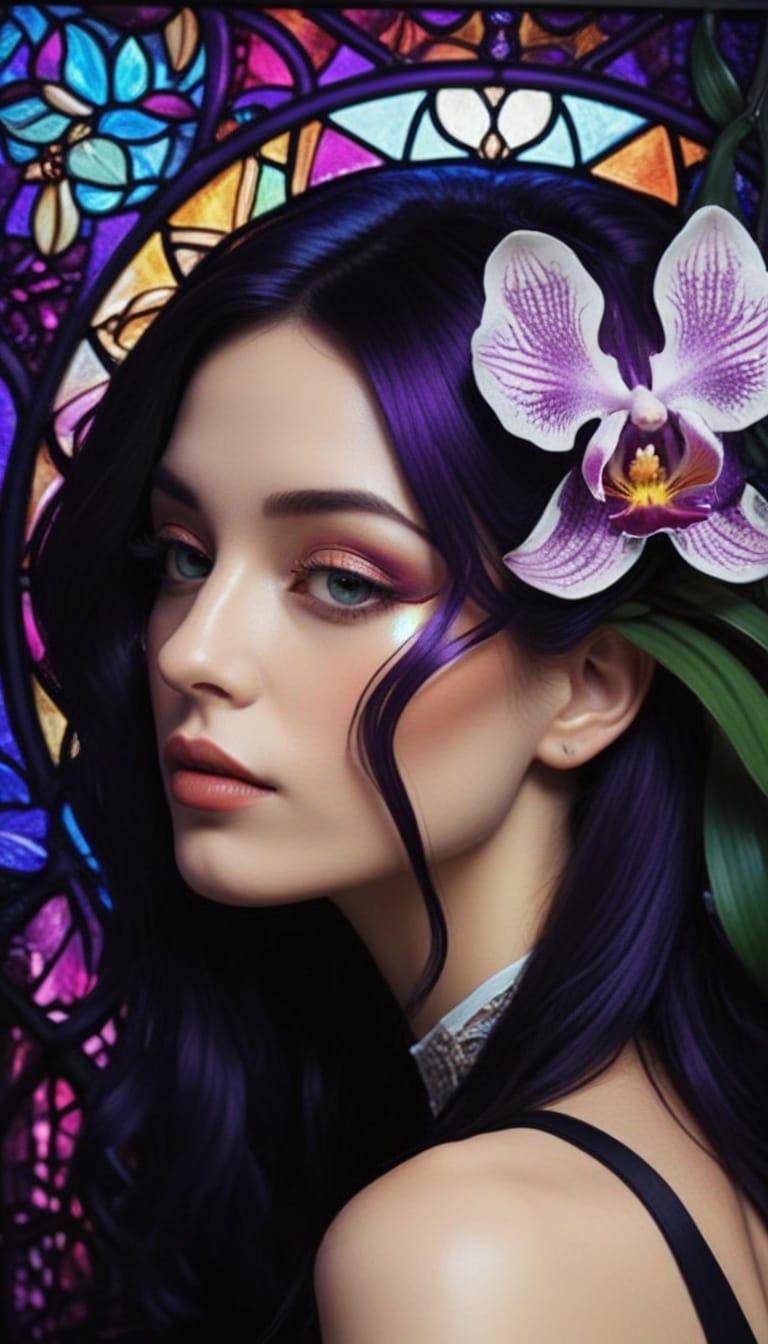 Exotic Orchids in Art Nouveau Stained Glass Style