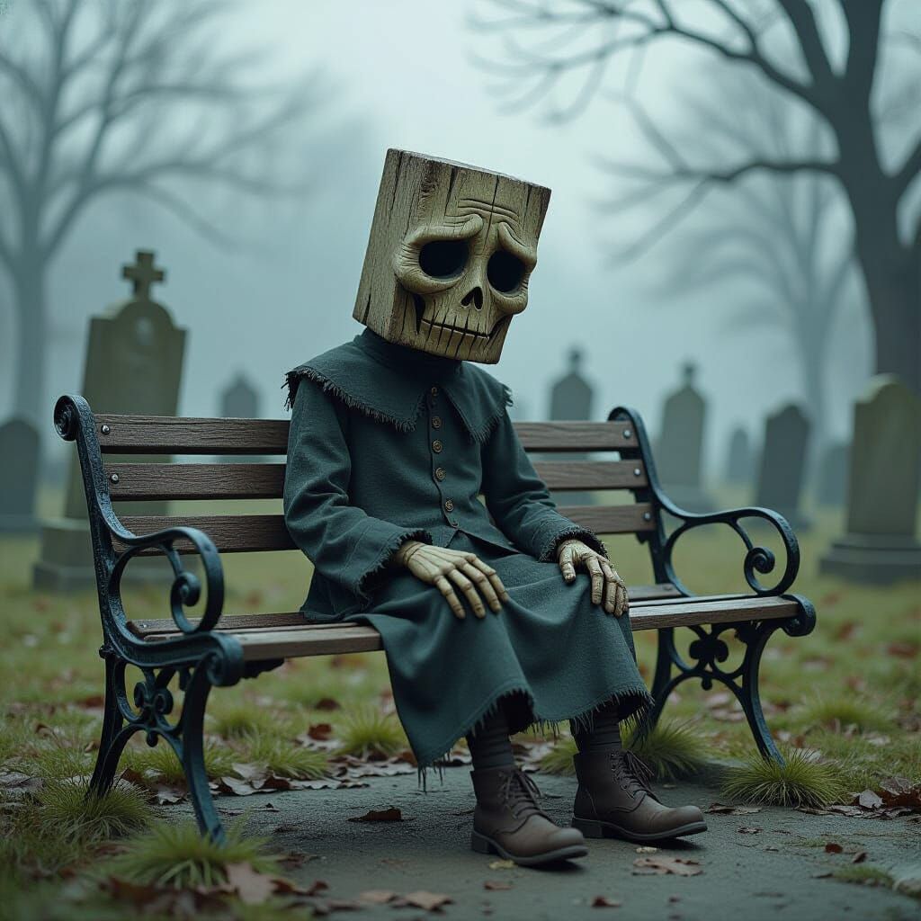 Melancholic Wooden Board in Forgotten Cemetery, Surreal Digi...