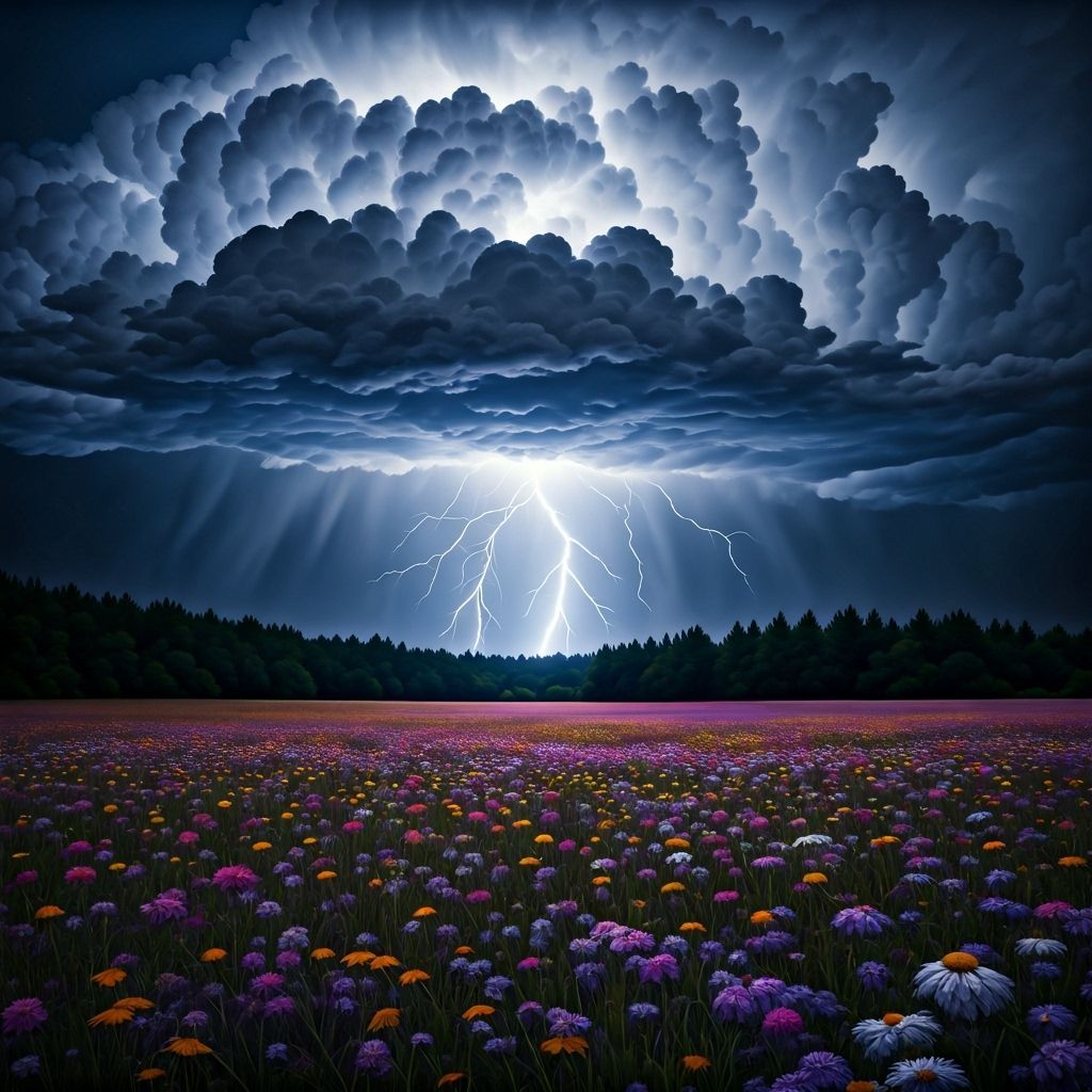 Lightning Strikes Wildflower Field at Night