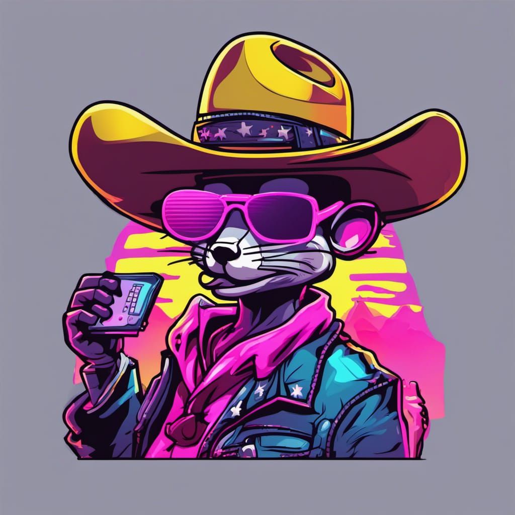 Cartoon Mouse Cowboys in Neon Synthwave Style