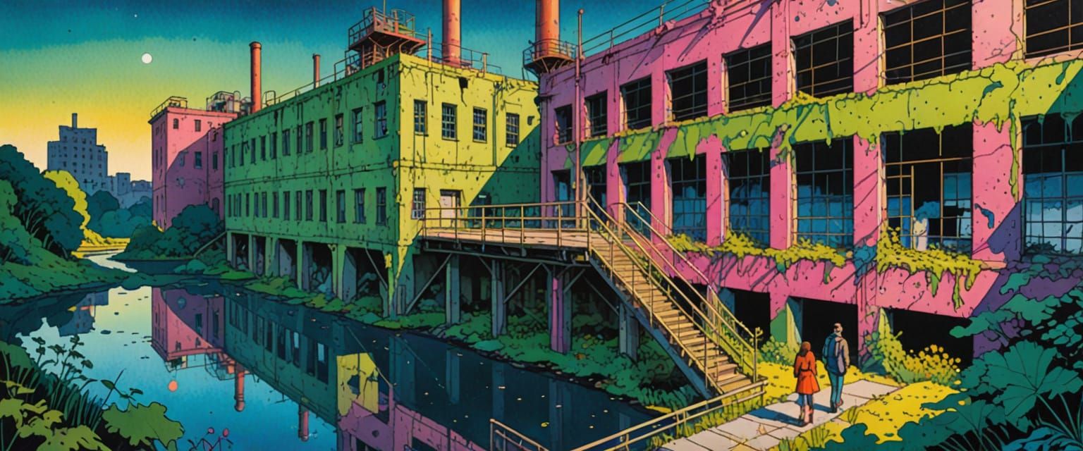 Comic Style: Couple Explore Abandoned Factory in Sunlight