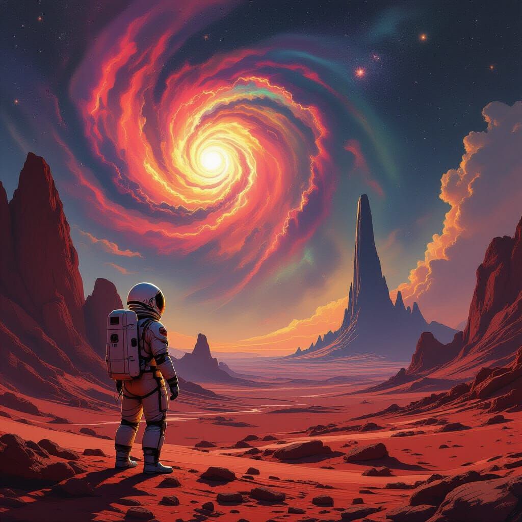 Astronaut Gazes at Nebula on Crimson Planet