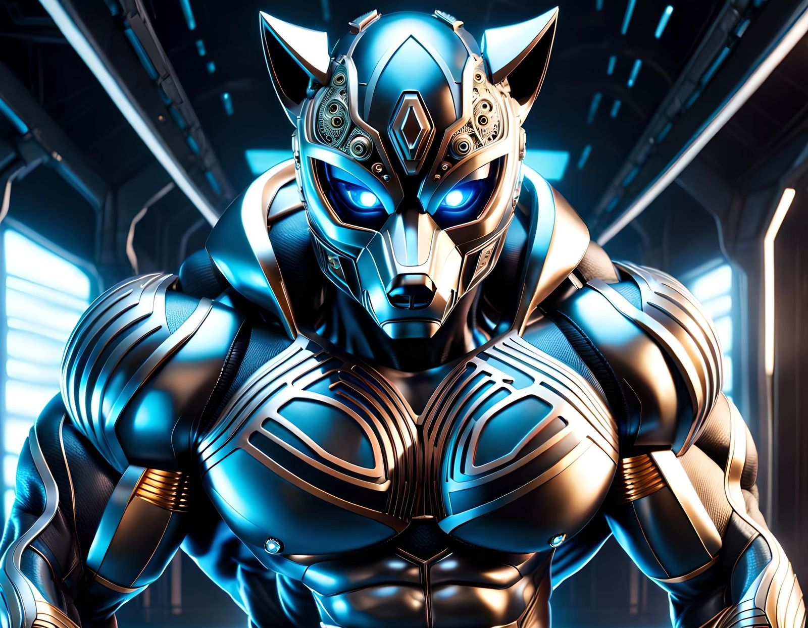 Anthropomorphic Bodybuilder with Wolf Mask in Bionic Futuris...