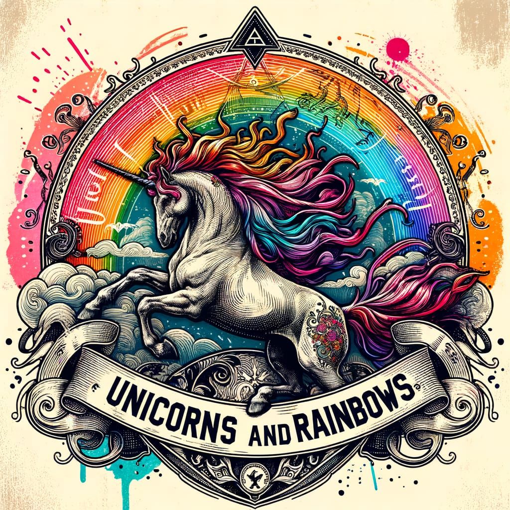 Unicorn and Rainbow Emblem in Renaissance Style
