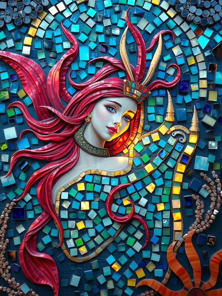 Mythical Siren in Oceanic Mosaic Art