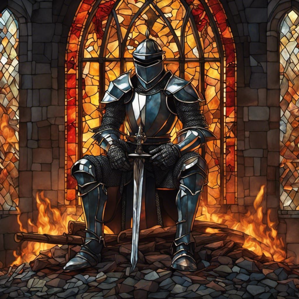 Stained Glass Knight Contemplates Bonfire