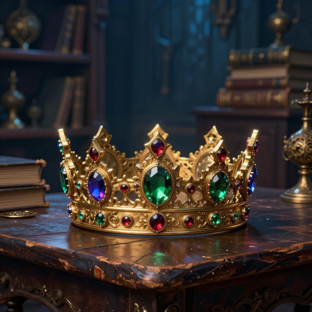 Gleaming Golden Crown with Gems in Wizard's Study