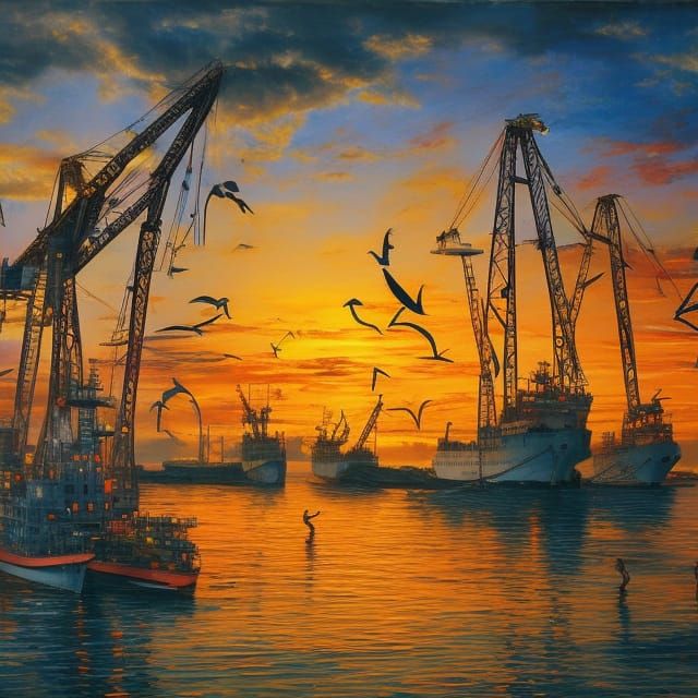 Busy Harbor at Twilight: An Oil Painting