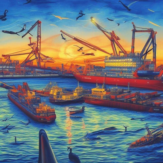 Harbor Cranes Unloading Ships: Oil Painting at Twilight