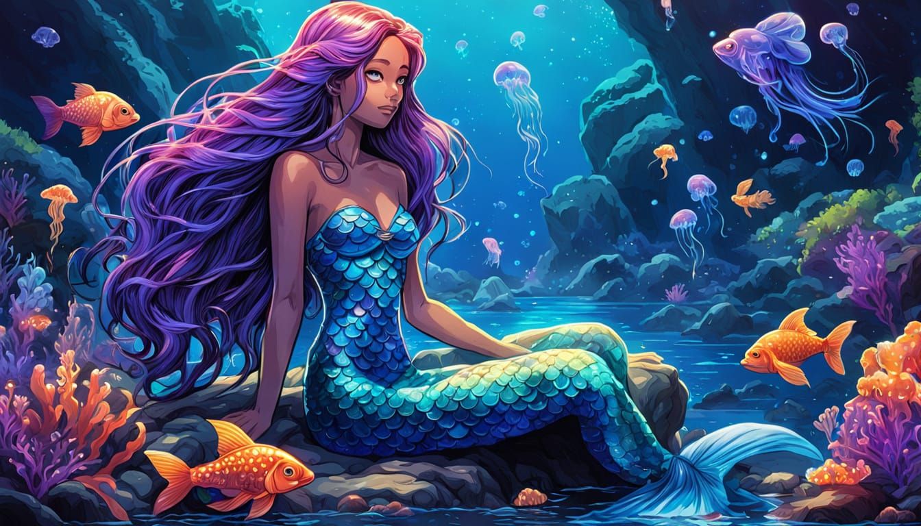 Kawaii Mermaid in Lagoon with Glowing Jellyfish
