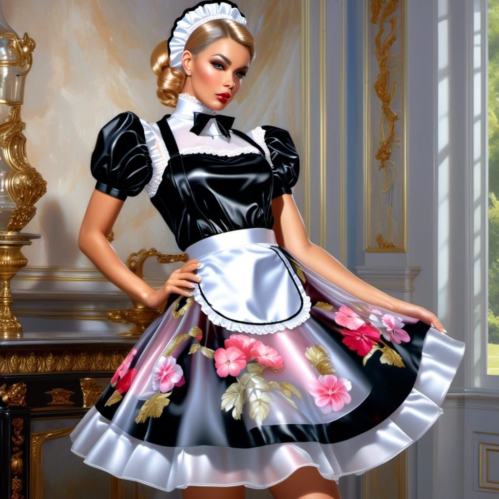 See-Through Latex French Maid Dress with Floral Print